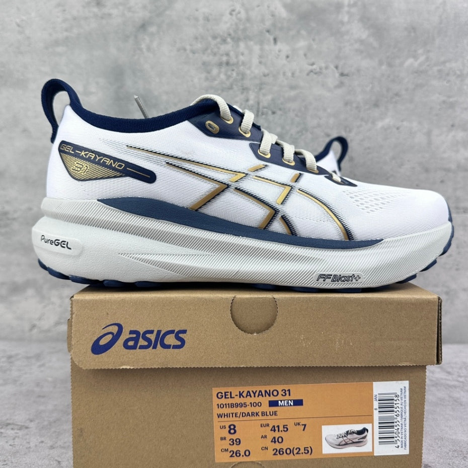 Asics Gel-Kayano 31 Branco com Azul Marinho e Dourado