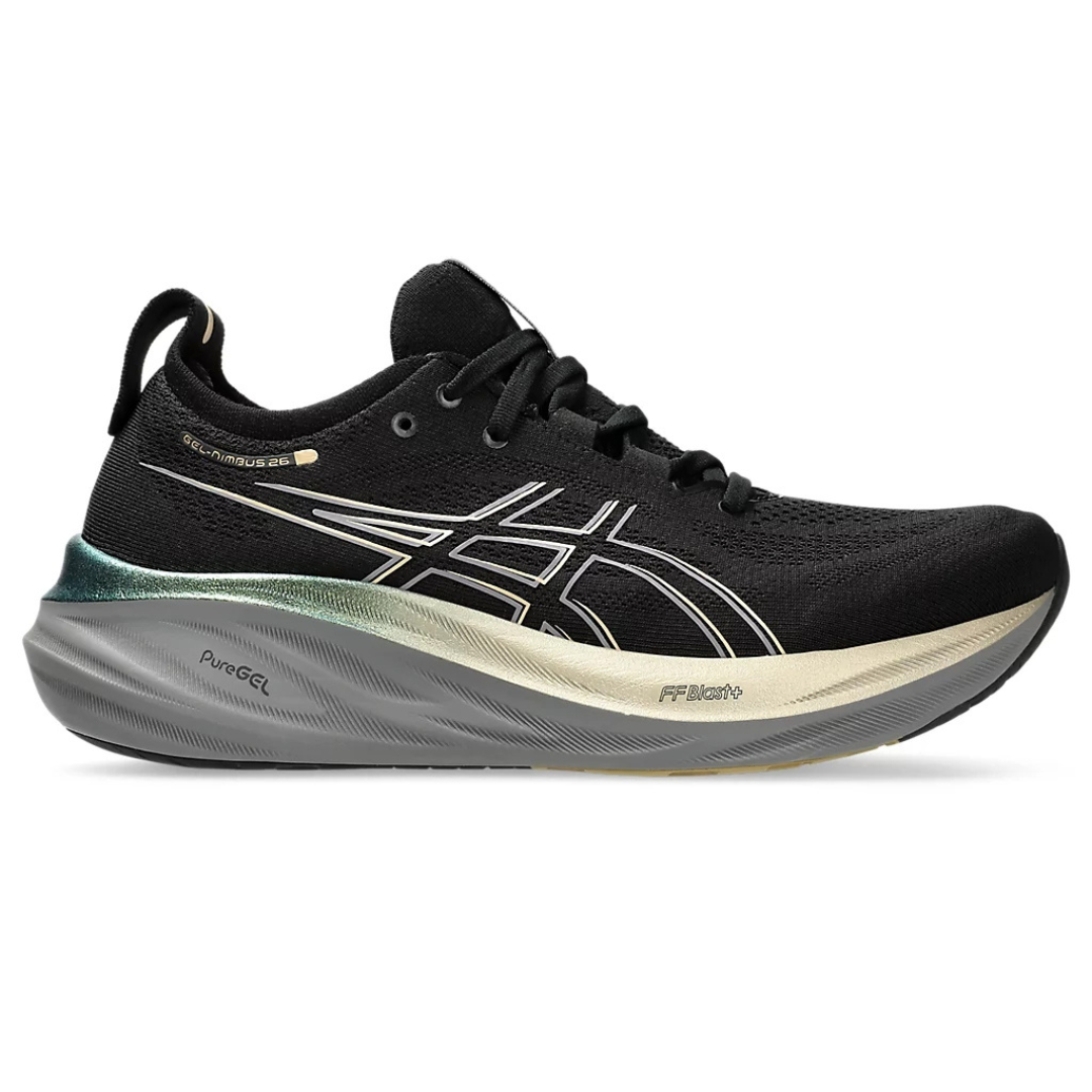 Asics Gel - Nimbus 26 - Preto e Dourado com Cinza e Verde