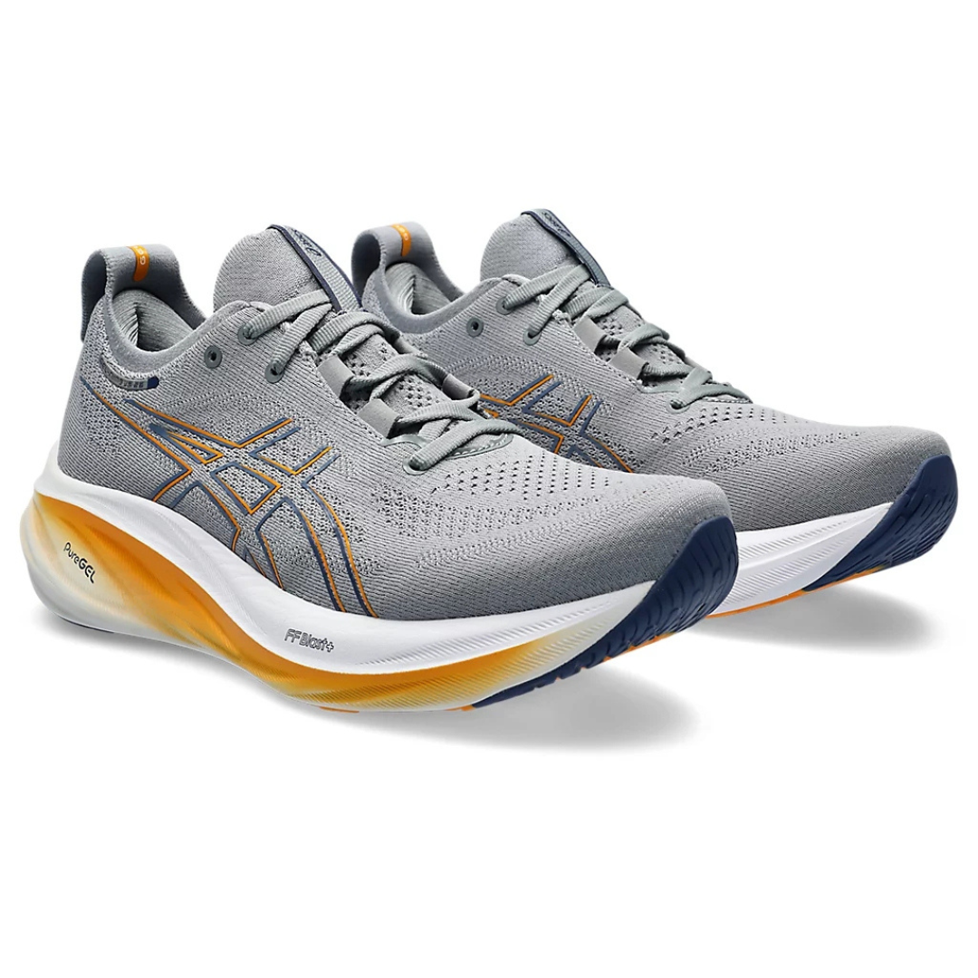 Asics Gel - Nimbus 26 - Cinza e azul Marinho com Branco e Laranja