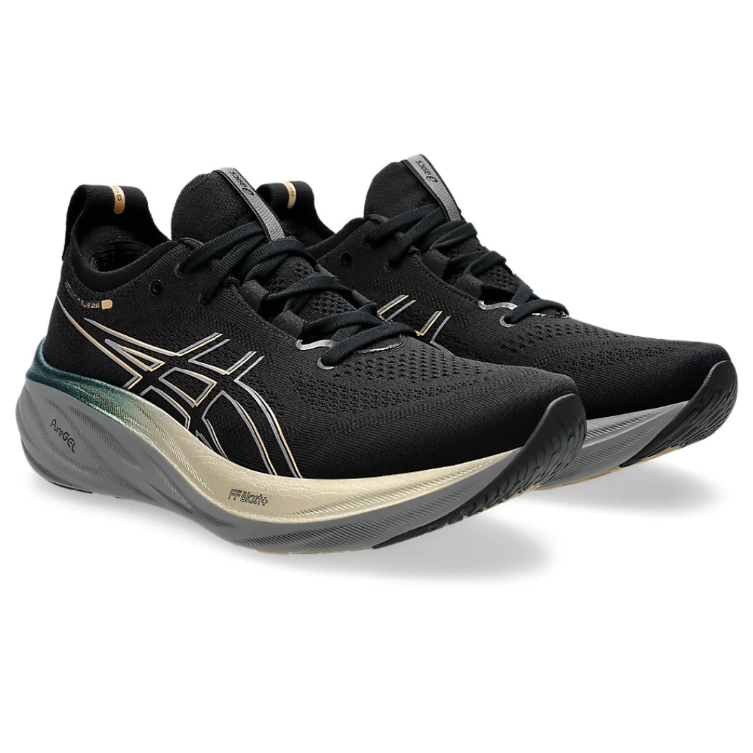 Asics Gel - Nimbus 26 - Preto e Dourado com Cinza e Verde